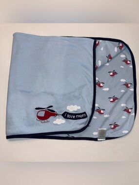 Gymboree I LOVE MOM Helicopter Cotton Baby Blanket Blue Red White Cloud Vintage